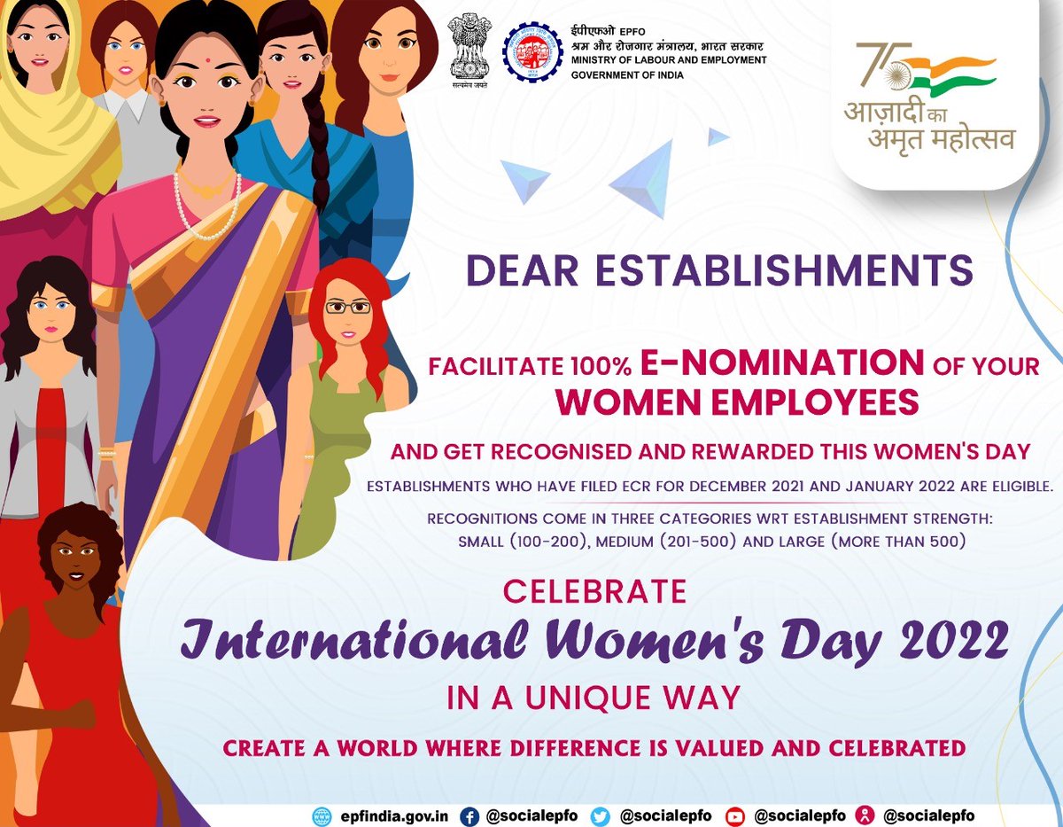 officialepfo's tweet photo. We urge all establishments to facilitate 100% #eNomination of #Women #employees and get recognised and rewarded this #InternationalWomensDay.

#EPFO #AmritMahotsav @AmritMahotsav https://t.co/L5XRYPdE8I