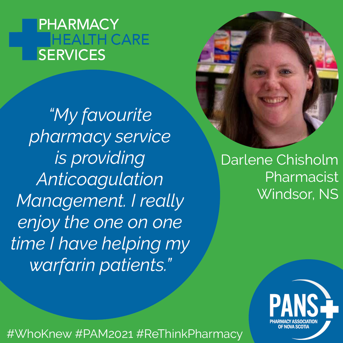 PharmacyNS's tweet photo. Meet Darlene Chisholm, a pharmacist who is passionate about helping patients with their anticoagulation therapy, such as warfarin.
Thank you, Darlene, for everything you do for your patients!
#PAM2022 #WhoKnew #ReThinkPharmacy #ThankYouPharmacy https://t.co/EGhnqFazmA