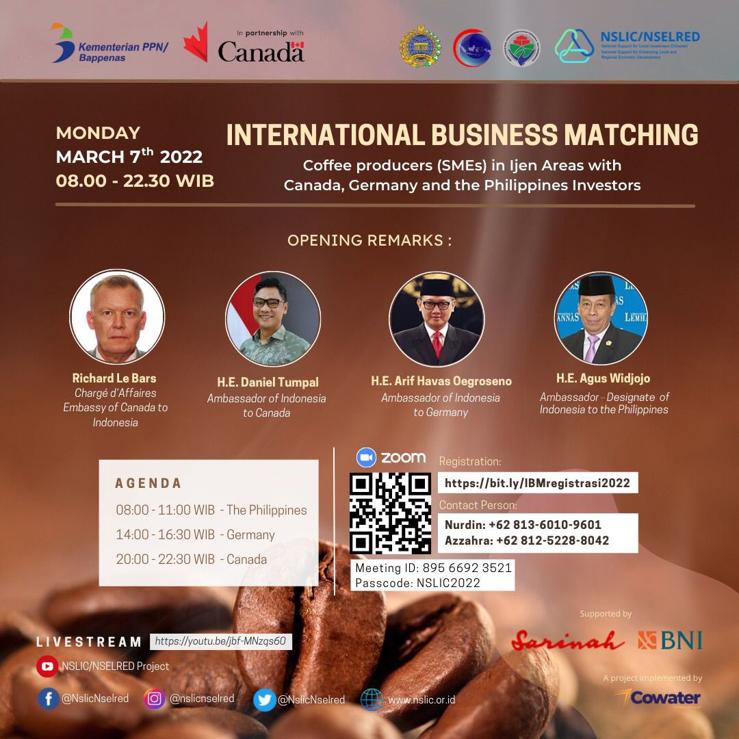 KBRI_Manila's tweet image. Hadirilah International Business Matching, Coffee Producers (SMEs) in Ijen Areas with Canada, Germany and the Philippines Investors. 

Senin, 7 Maret 2022
Mulai pukul 08.00 WIB

Registrasi pada link bit.ly/IBMregistrasi2…

#kbri #kbrimanila🇵🇭 #inidiplomasi #businessmatching