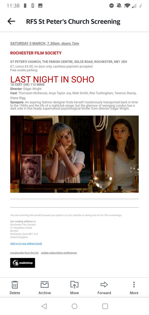 RochesterFilm's tweet photo. Tonight (Sat, 5 March), come join us for the fab film, Last Night in Soho✨ Look forward to seeing you there xx

#EdgarWright #lastnightinsoho https://t.co/wMPbuwIuGQ
