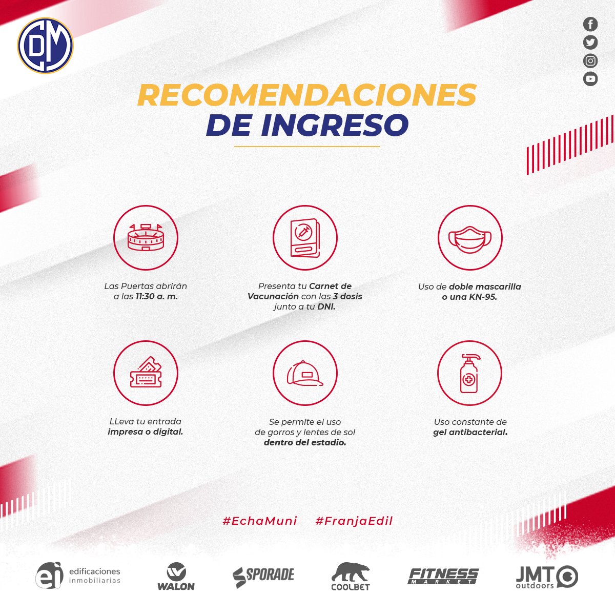CCDMunicipal's tweet photo. 🔜 Les recomendamos lo siguiente para alentar a La Academia hoy. ☝🏻

🚫 𝗥𝗲𝘀𝘁𝗿𝗶𝗰𝗰𝗶𝗼𝗻𝗲𝘀 🚫
🔜 Recuerda seguir al pie de la letra las restricciones de seguridad y bioseguridad para disfrutar del partido.

#EchaMuni
#FranjaEdil https://t.co/x842swVLHl