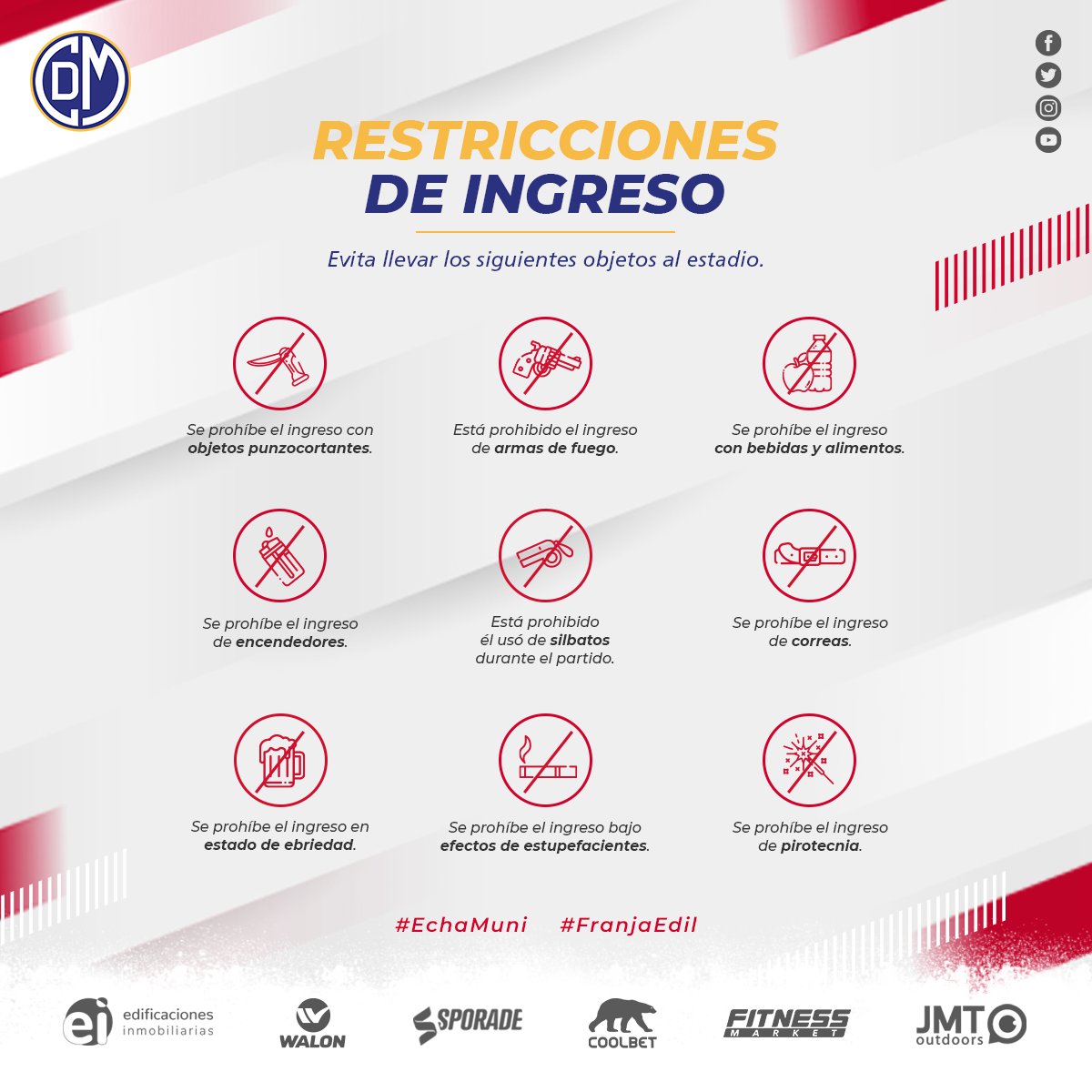CCDMunicipal's tweet photo. 🔜 Les recomendamos lo siguiente para alentar a La Academia hoy. ☝🏻

🚫 𝗥𝗲𝘀𝘁𝗿𝗶𝗰𝗰𝗶𝗼𝗻𝗲𝘀 🚫
🔜 Recuerda seguir al pie de la letra las restricciones de seguridad y bioseguridad para disfrutar del partido.

#EchaMuni
#FranjaEdil https://t.co/x842swVLHl