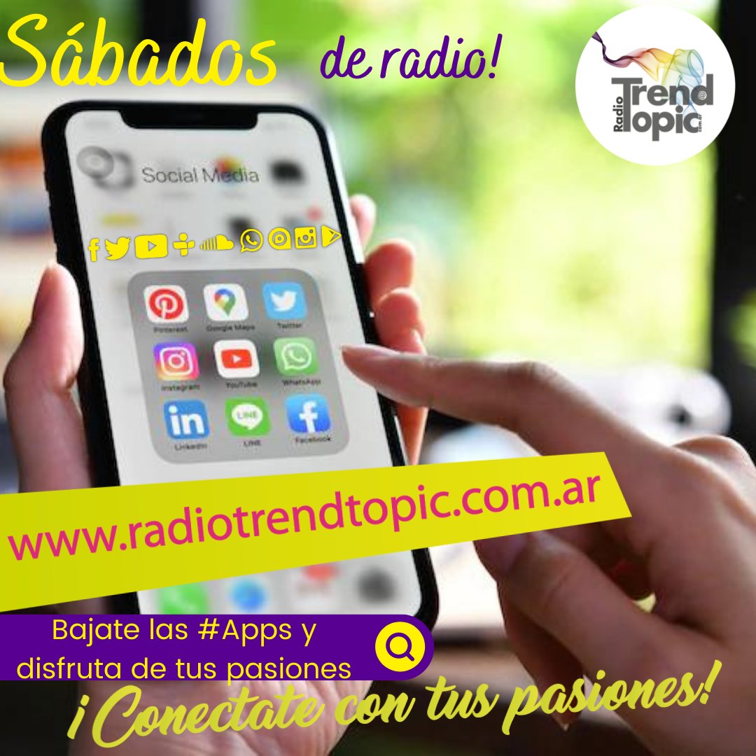 RadioTrendTopic's tweet photo. ¡El sábado comienza a pleno en #comunidadTT! La mañana de Argentina Ya y Alunizate para dar vuelta tu finde! #RadioTrendTopic #Apps https://t.co/wJzeUJsdPp