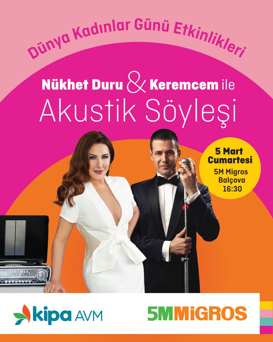 Nükhet Duru ve Keremcem, Kadınlar Günü etkinlikleri kapsamında 5 Mart Cumartesi, Balçova Kipa’da sahnede olacak. <a href="/NukhetDuru/">Nükhet Duru</a> <a href="/keremcemcomtr/">Keremcem</a> <a href="/Migros_Turkiye/">Migros Türkiye</a>