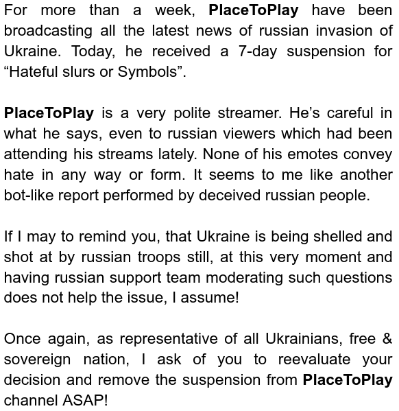 panhooha's tweet photo. @TwitchSupport @Twitch @PlaceToPlayTV 

#FreePlaceToPlay #StopRussianAgression #GloryToUkraine #StandWithUkraine️ https://t.co/oxjNIMmmF5