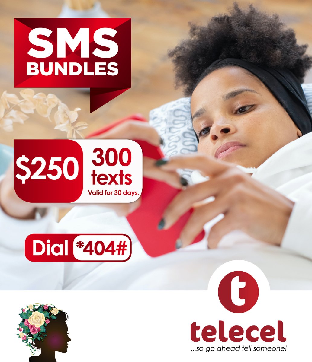 Telecel_Zim's tweet photo. Text more for less with your SMS bundles from Telecel. If love texting, simply dial *404# to get your SMS bundles. T&amp;C's apply.
#smsbundle
#staysafe
#tellsomeone https://t.co/gEE8wIyyj9