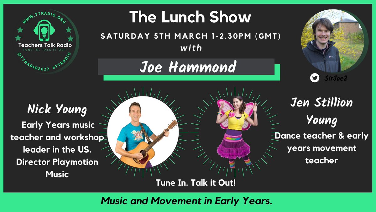 Today's @TTRadio2022 show is all about music & movement in early years. My guests are two of my favourite songwriters and early years music educators, Nick Young and Jen Stillion Young, I've learned so much from them over the years #edutwitter