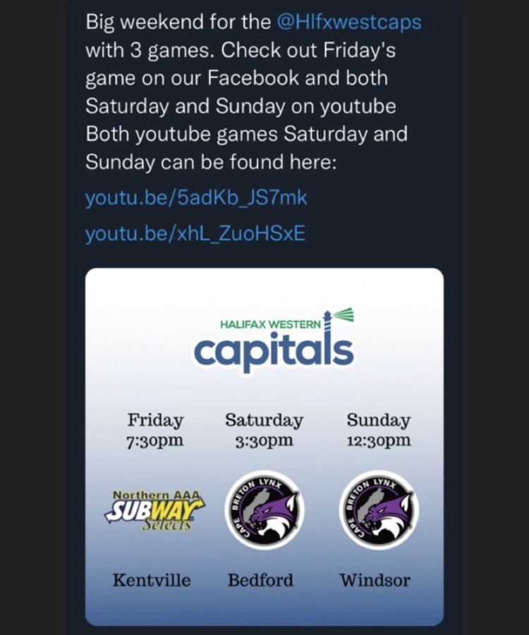It’s GAMEDAY. The Capitals are back at it today at 3:30pm, as they take on the Cape Breton Lynx at the BMO Centre in Bedford. It’s also Senior’s day, where 7 very deserving seniors will be honoured before the game. Lots of room at the rink, so come on out. Livestream info below.