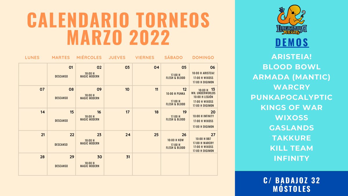 Os dejamos el calendario de torneos del mes de Marzo con juegos para todos los gustos 🐙