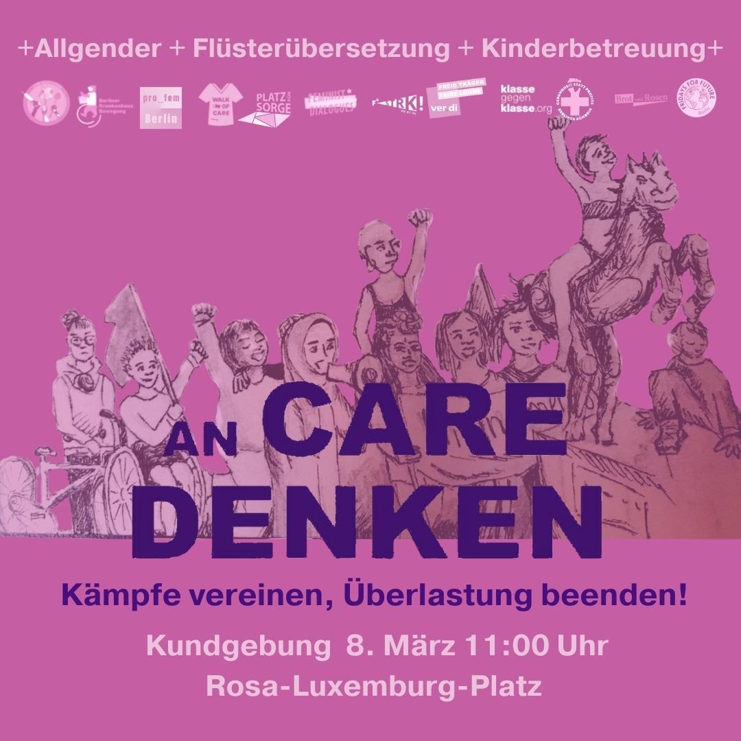 Am #8M2022 ist wieder #frauenkampftag und wir sind mit #Freieträgerfairelöhne mit bei der Kundgebung am #RosaLuxemburg Platz für eine #Aufwertung der Sozial- u. Erziehungsdienste. Zeit an #Care zu denken!