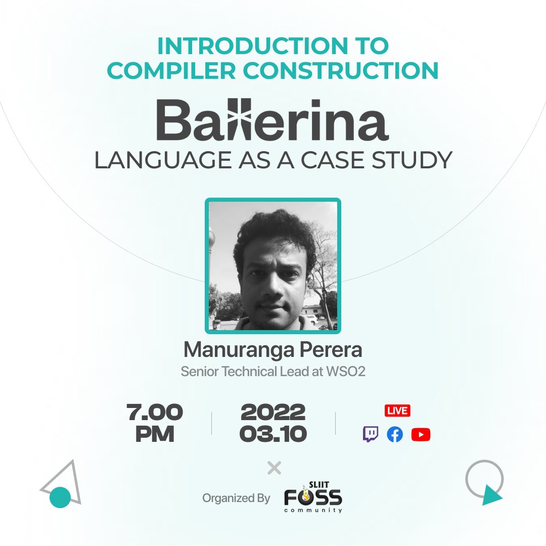 fosssliit's tweet photo. ✨ Here it is! ✨

Introduction to Compiler Construction: Ballerina language as a case study
is happening LIVE on the
 10th of March at 7PM 

#sliit #sliitfoss #foss #ballerina #ballerinalang #cloudnative #cloud #programming #wso2 #twitch #youtube https://t.co/03melVcGto