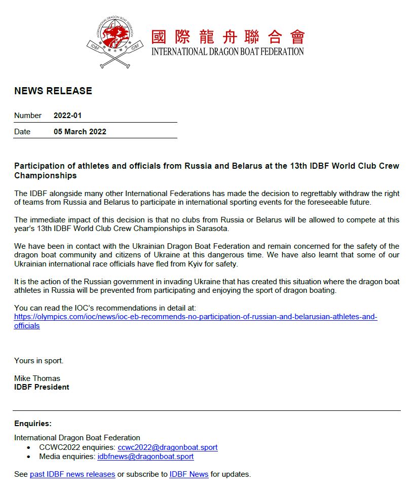 The IDBF alongside many other International Federations has made the decision to regrettably withdraw the right of teams from Russia and Belarus to participate in international sporting events for the foreseeable future. #ccwc2022 #idbf #dragonboat
dragonboat.sport/single-post/pa…