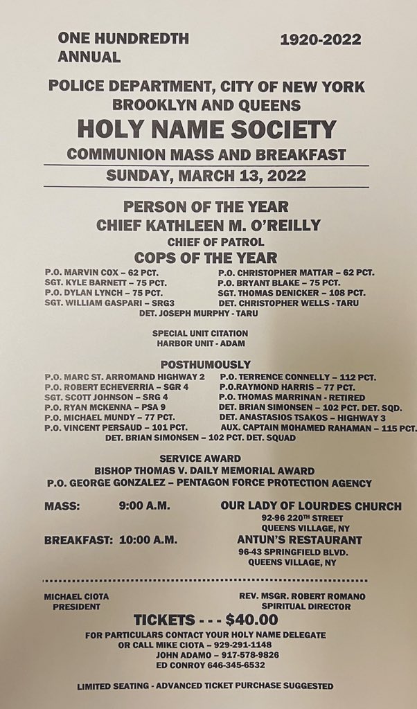 NYPD_Holy_Name's tweet photo. Join us for our 100th Annual #CommunionMass & Breakfast on Sunday, March 13th at 0900hrs to honor our Person of the Year: @NYPDChiefPatrol Kathleen M. O’Reilly! Please contact your @NYPD_Holy_Name delegates or the Board Members listed on the flyer below for tickets and info: https://t.co/hdBQBVtVwc