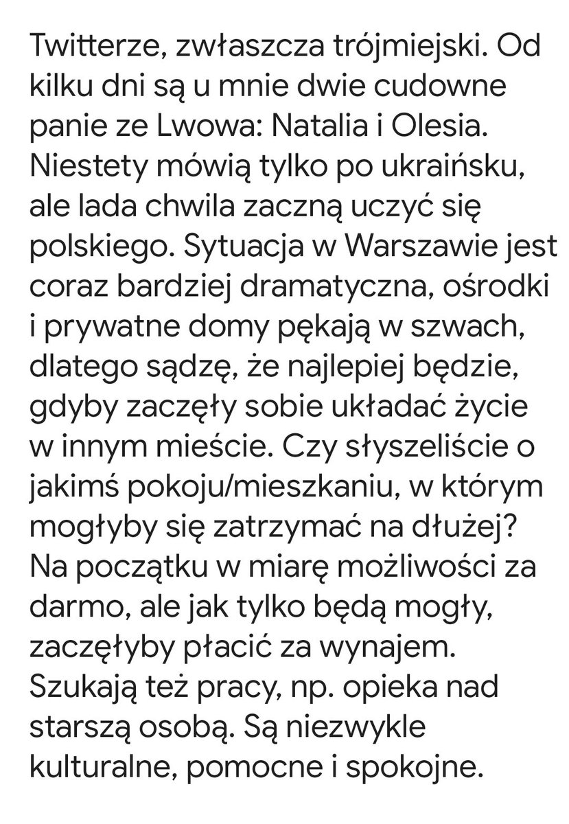 Drodzy, sprawa dotyczy dwóch pań, mamy i córki, które są obecnie u mnie w domu. Zaręczam, że to bardzo uczciwe osoby. Może ktoś będzie w stanie pomóc? Jakby co, dawajcie znać.