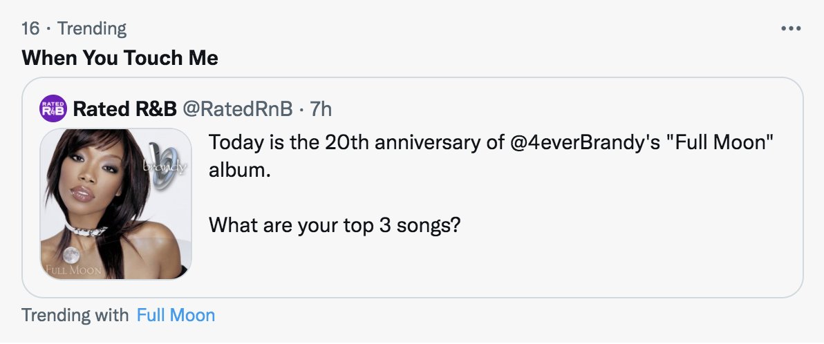 YamineTheDream's tweet photo. Happy 20th Anniversary to @4EverBrandy's iconic Full Moon album, and congrats to the queen on trending.
This album changed the game forever.
#4everBrandy #BrandyNorwood #TheVocalBible https://t.co/Kbh0g4NtW3