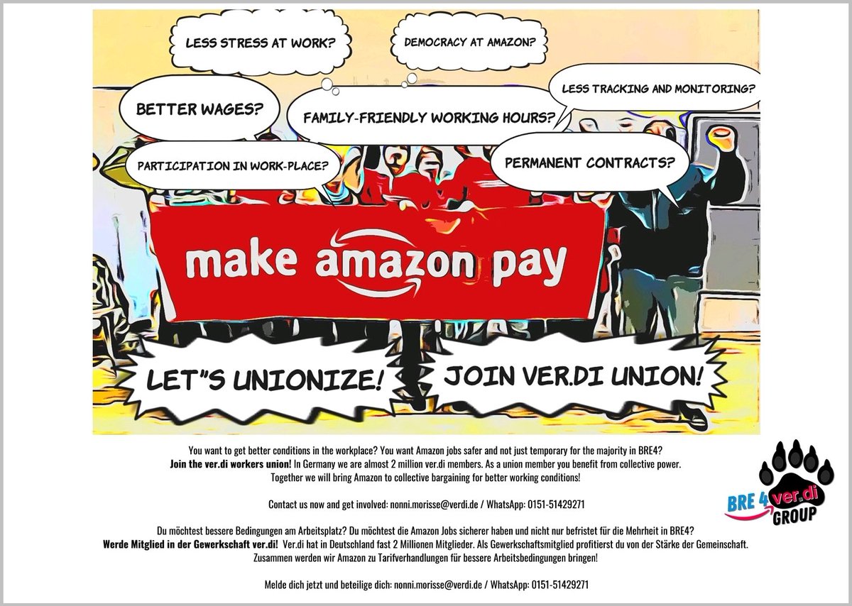 verdiAmazon_NDS's tweet photo. Let's #unionize! Das war heute unsere Botschaft vor dem #Amazon Fullfillmentcenter in @StadtAchim bei Bremen. Die Beschäftigten wollen mehr Sicherheit durch unbefristete Arbeitsverträge, Mitbestimmung bei Arbeitszeiten + mehr Geld! #makeamazonpay @AmazonWorkersIn @verdihandel https://t.co/H4cbUxsimQ