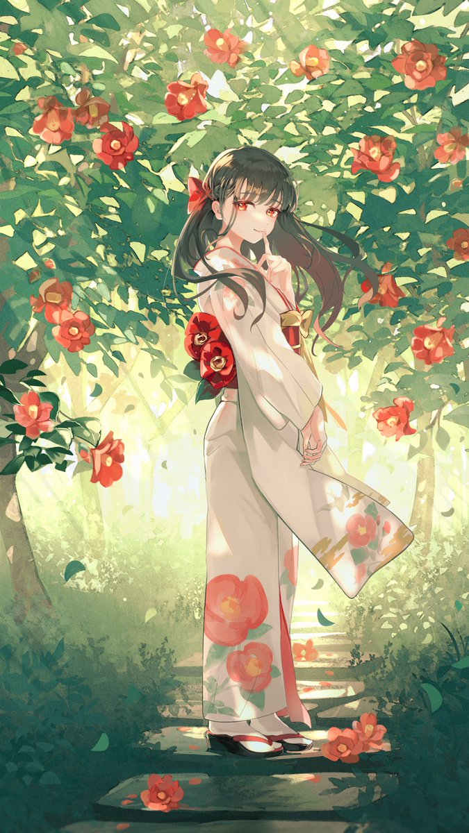 1girl solo japanese clothes kimono flower long hair looking at viewer  illustration images