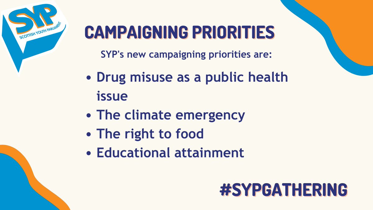 <a href="/SYPBoard/">SYP Board</a> <a href="/jasonleitch/">Jason Leitch</a> 🗳️The votes have been counted, and SYP's campaigning priorities for this membership are...

*Drug misuse as a public health issue
*The climate emergency
*The right to food
*Educational attainment

#SYPGathering