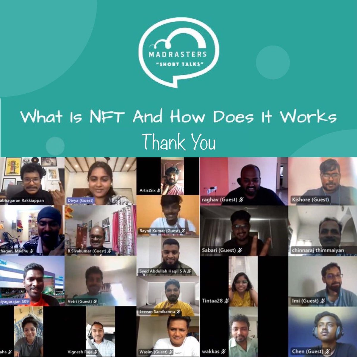 madrasters's tweet photo. Speaker: Divya Gupta, Web 3 Developer & NFT enthusiast.
Thank you all. An exciting and amazing Saturday morning with a topic What is NFT? And How does it works.
See you guys in the next short talk with an amazing topics.
Stay tuned!
#madrasters #madrastersmeetup #shorttalk https://t.co/eOQCA4hQg2