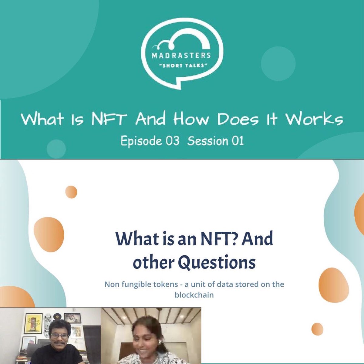 madrasters's tweet photo. Speaker: Divya Gupta, Web 3 Developer & NFT enthusiast.
Thank you all. An exciting and amazing Saturday morning with a topic What is NFT? And How does it works.
See you guys in the next short talk with an amazing topics.
Stay tuned!
#madrasters #madrastersmeetup #shorttalk https://t.co/eOQCA4hQg2