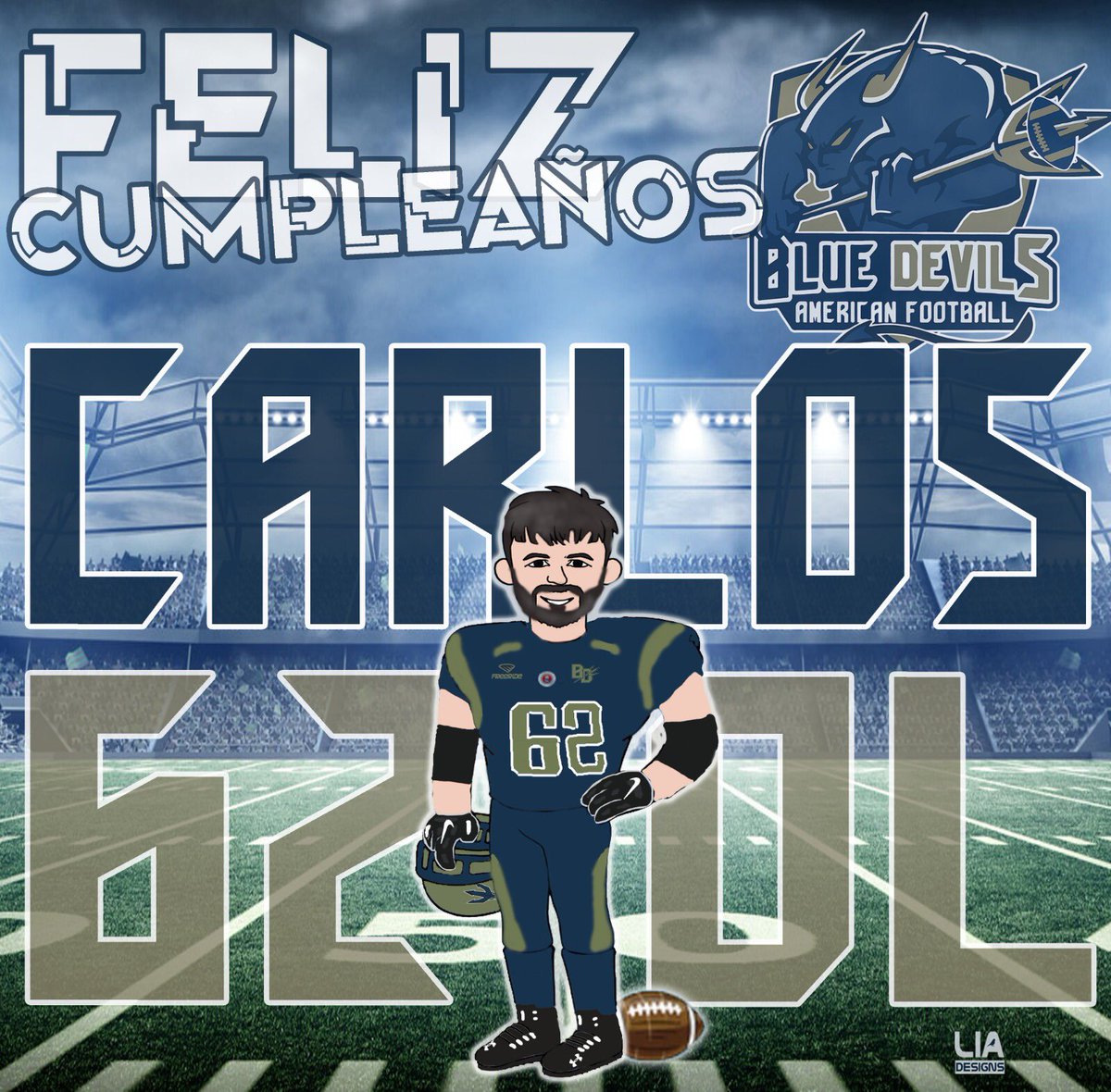 MBlueDevils's tweet photo. Feliz Cumpleañooos Carlos!!! Felicidadeees a nuestro Offensive Line!!! #62 🏈🔱🥳🎂 Diseño de @liadkx #BlueDevils #BeHardBeDevil #Tackle #FútbolAmericano https://t.co/FY9gZhHacY