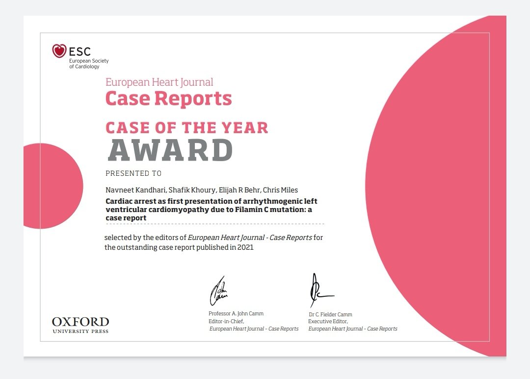 Very humbled to have been selected for this award amongst so many great submissions!

Major thanks to my co-authors <a href="/DrCJMiles/">Chris Miles</a> <a href="/DrShafikKhoury/">Shafik Khoury</a> <a href="/BehrElijah/">Elijah Behr</a>, the team at <a href="/EHJCREiC/">EHJCaseReports Editor-in-Chief</a> and our patient for letting us share their story!

##EHJCaseReports