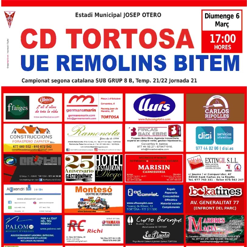 cdtortosa's tweet photo. ⚽️💪🏻 Només un punt ens separa del Play-Off ďascens a #1cat
L'afició ha de ser el jugador número dotze!
Tenyim l'estadi de roig-i-blanc 🔴⚪
ARA SÍ TORTOSA!!!!!
SB Immobiliària és ľEsponsor Oficial 1r Equip CDT
#2cat8b #FutbolCat #GolCat #Tortosa #TerresdelEbre https://t.co/Das7ee6zrW