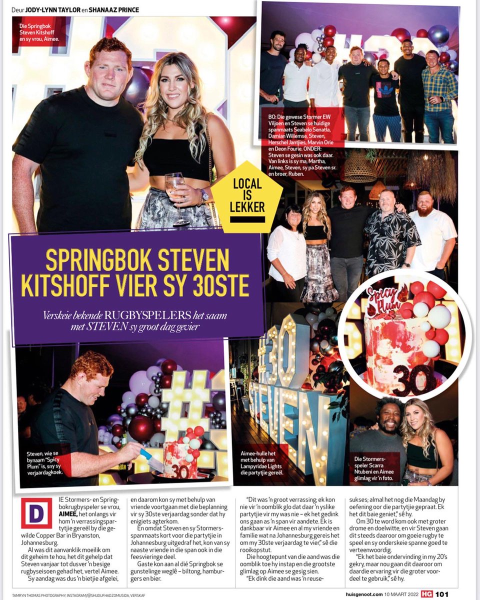 Get your copy of the latest @huisgenoot and read all about @StevenKitshoff’s 30th birthday party that took him by surprise! 📍 Copper Bar Bryanston 💡🎈✨ Lampyridae Lights 🎂 Sliced, by Gaby 🍷 Deon Oosthuizen 🎛🎶🎤 @RobForbesDJ 📸 @PhotographybyT5