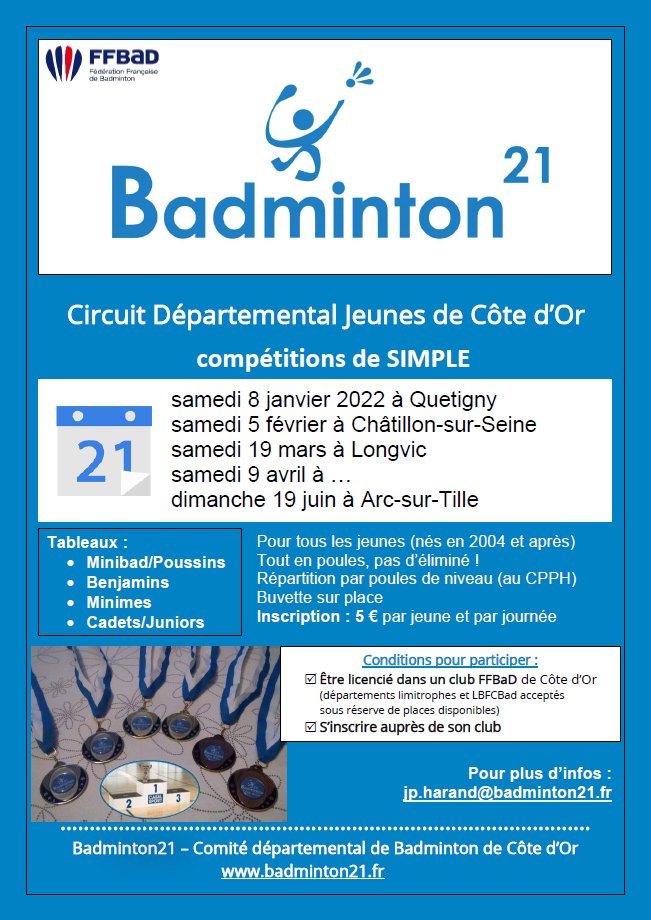 Badminton21's tweet photo. CDJ²¹ : le 19 mars à Longvic 🏸
Inscriptions ouvertes !
(ouvert à tous les licenciés @FFBaD de @bfc_region + comité 10-52 car limitrophe à @CD_CotedOr) https://t.co/56VqcAmtb4
