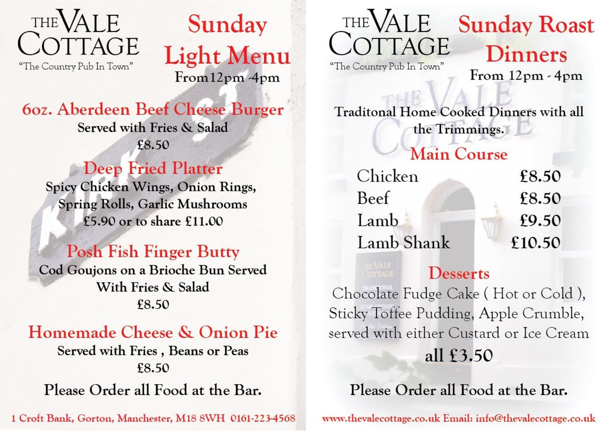 We are pleased to launch our new Sunday Light Menu. 4 Pub favourites as well as our popular Traditional Sunday lunches.
Food available from 12 - 4pm, see details below,  booking not required. See you at the Bar.