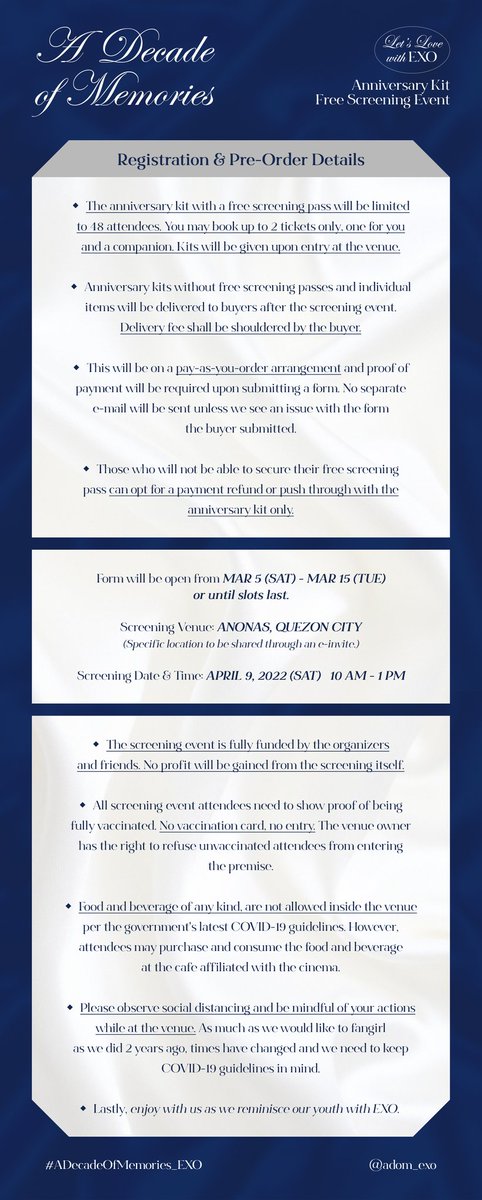adom_exo's tweet photo. One decade down, forever to go 💙

Join us take a trip down memory lane on EXO's 10th year anniversary!

The first 48 fans to get our kits will get a free pass to our screening event on APR 09, 10 AM to 1 PM! See you!

Form: https://t.co/PUDruKu1RA

#ADecadeOfMemories_EXO #EXO https://t.co/jhIdbedSpH