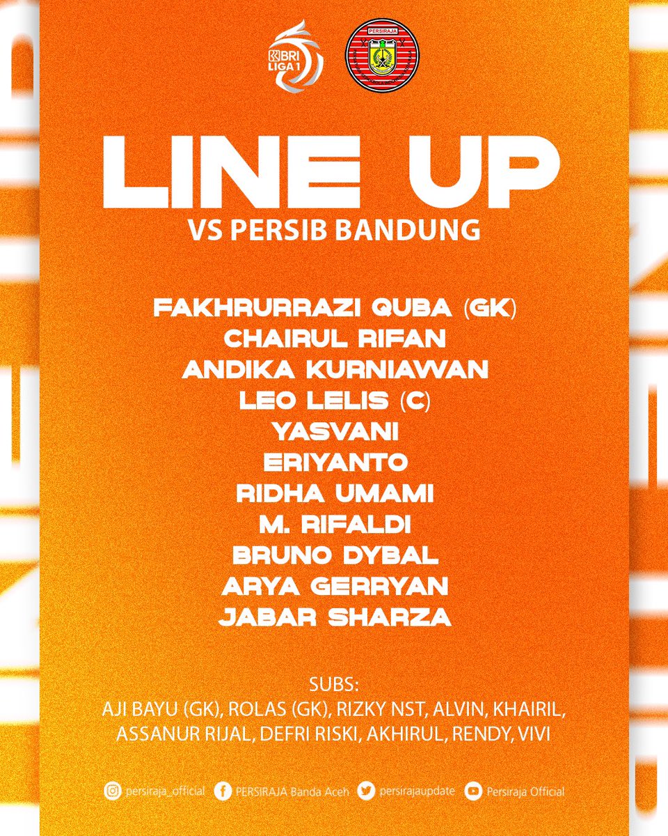 persirajaupdate's tweet photo. Sebelas pertama penggawa yang akan berjuang malam ini melawan Persib Bandung. Lantak Laju ! ⚔🧡

#PERSIRAJA 👑 #LaskarRencong #BRILiga1 #DukungDariRumah https://t.co/qkl2SsFc5p