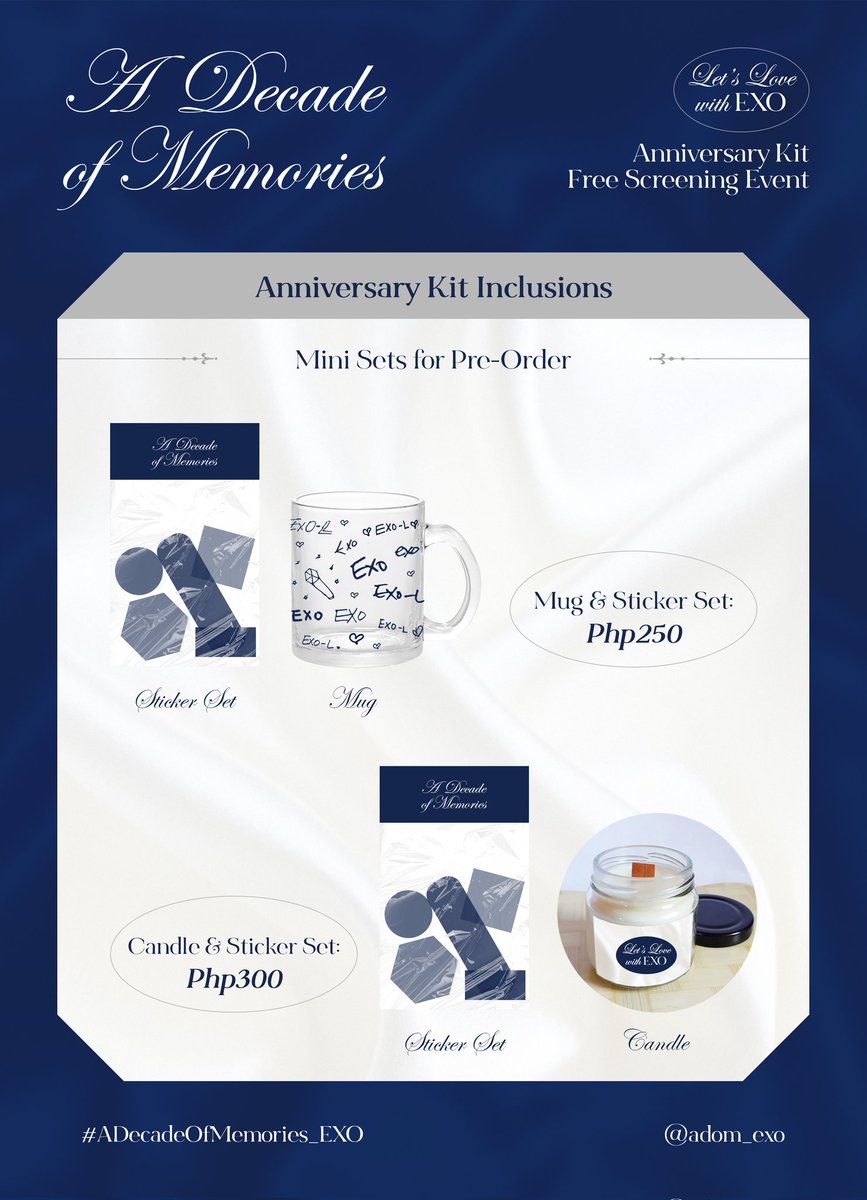 adom_exo's tweet photo. One decade down, forever to go 💙

Join us take a trip down memory lane on EXO's 10th year anniversary!

The first 48 fans to get our kits will get a free pass to our screening event on APR 09, 10 AM to 1 PM! See you!

Form: https://t.co/PUDruKu1RA

#ADecadeOfMemories_EXO #EXO https://t.co/jhIdbedSpH
