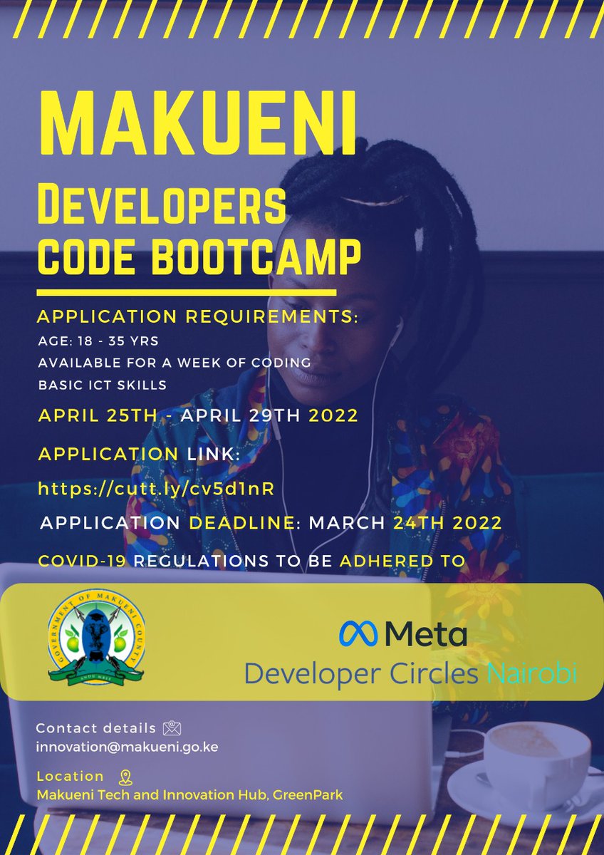 nairobitechcc's tweet photo. Developers Bootcamp in Makueni.
The Makueni County Government in partnership with Meta Developer Circle: Nairobi will be hosting a Developer Skills Training Camp at the Makueni ICT Hub in Wote Town.

Sign up using this link to participate: https://t.co/zoRzRhbJ6V. https://t.co/26Jczl4myY
