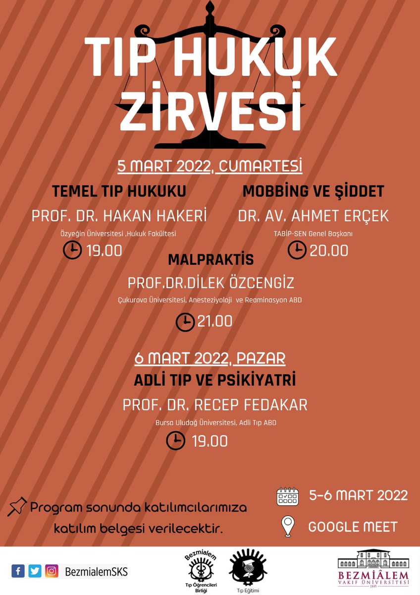 Genel Başkanımız <a href="/AhmetErcek/">Ahmet Erçek</a> ‘in de katılacağı 
Bezmialem Tıp Öğrencileri Birliği (<a href="/bezmialemtob/">Bezmialem TÖB</a>) Tıp Eğitimi Çalışma Kolunun düzenlediği;
"Tıp Hukuk Zirvesi" 
konulu programa bekleriz..

Katılım Linki : meet.google.com/ywr-yvyu-kqe