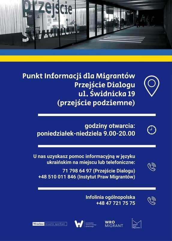 Dziś i jutro (9.00-20.00) również można uzyskać pomoc informacyjną w języku ukraińskim na miejscu w Przejściu Dialogu (Przejście Świdnickie) lub telefonicznie:
71 798 64 97
+48 510 011 846 (Instytut Praw Migrantów)
Infolinia ogólnopolska +48 47 721 75 75
#wroclawwspieraukraine