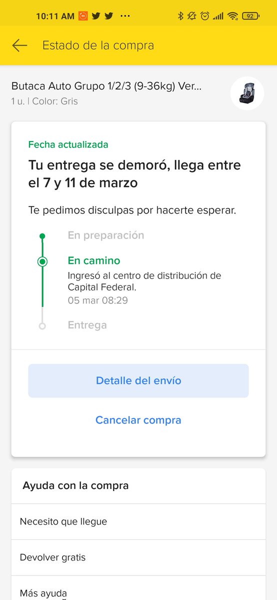 VirginiaLaino's tweet photo. Hola @Mercadolibre mi entrega no me avisó que se demoró, sino que simplemente cuando reclamé que no llegó el 4/3 me dijeron "perdón" y te la mandamos en más o menos 7 días y mientras...me dejaron sin sillita para moverme con un niño en auto. Y no hay botón de reclamo posible https://t.co/asaLCyjvoU