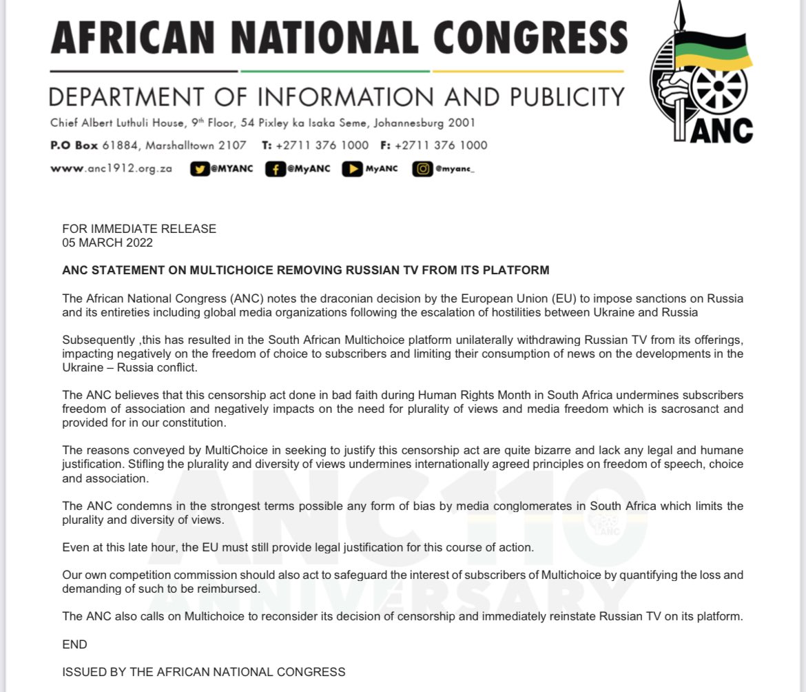 ewnreporter's tweet photo. The ANC has criticised broadcasting company Multichoice for removing Russia Today (RT) from its bouquet, describing the decision as an act of “censorship”. #UkraineConflict https://t.co/vRua8dmMGD
