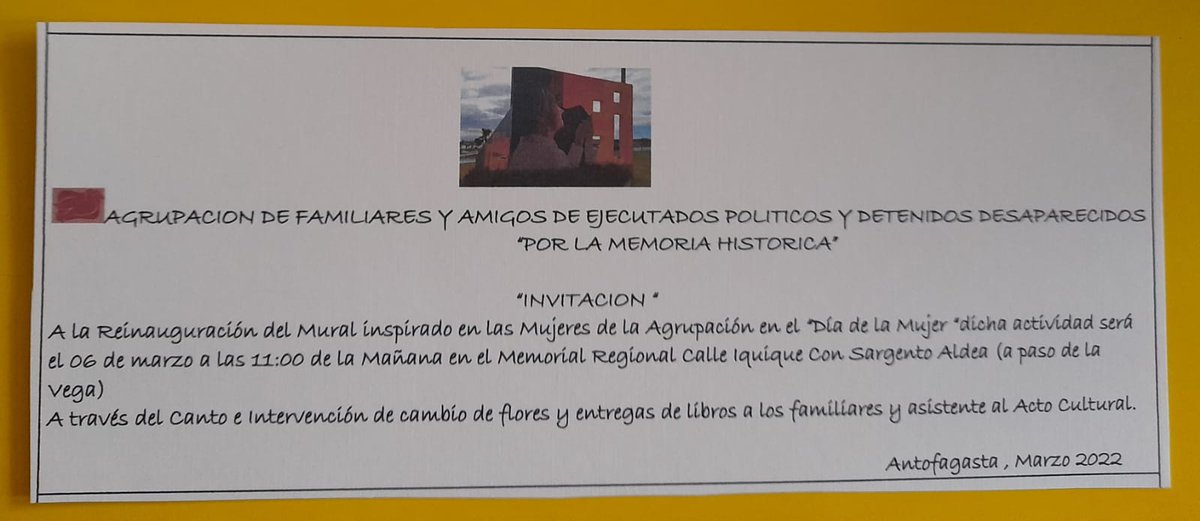 Doris_NavarroF's tweet photo. Se invita a la reinauguracion del mural ,en memoria de la madre de los 2 hijos Andronico Antequeda Detenidos Desaparecidos este Domingo 06 de Marzo , calle Iquique (pasó de la Vega)11:00 hr.#Antofagasta https://t.co/P0dCYcyoZQ