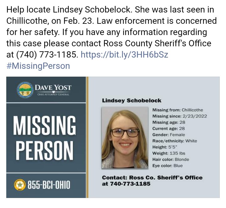 AgapeZilla's tweet photo. 💥💥#MISSING💥💥
#CHILLICOTHEOH
#MEDISSUES💥💥
🚨#LINDSEYSCHOBELOCK🚨
Unknwn if she had ph
Car aband on Windy Ridge Rd, Huntington Cty 21/2hr drive frm Ross Cty Was pH taken w her, no gas, meeting someone, did passerby take her to hosp due to health issues ty @CoffindafferFBI https://t.co/FXZPtgM7g0