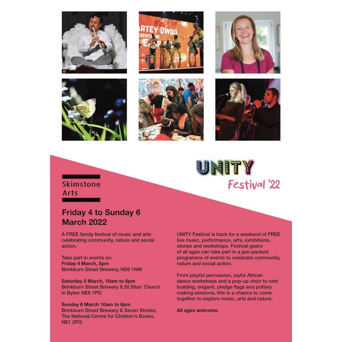 Taking place this weekend all over Byker and the Ouseburn!

The FREE #UnityFestival2022 from the amazing <a href="/Skimstone_Arts/">Skimstone Arts</a>

Performances exhibitions, workshops &amp; events from the community &amp; global partners

Info 👉 skimstone.org.uk/unity-festival…

@iloveouseburn <a href="/7Stories/">Seven Stories</a> <a href="/BrinkburnStBrew/">Brinkburn St Brewery, Bar & Kitchen</a>