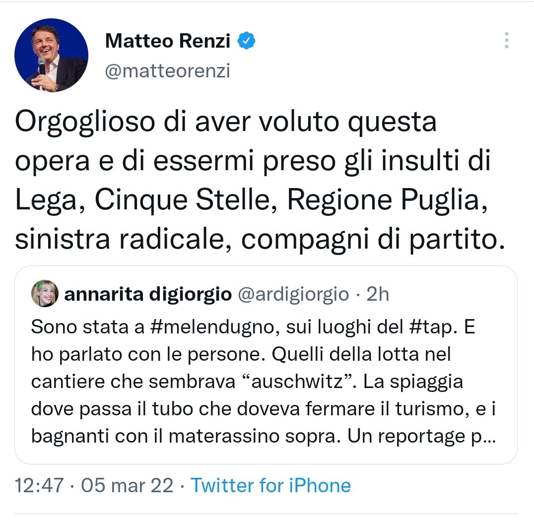 Renziani1's tweet photo. Orgogliosamente #SiTap. 
Alla faccia di grillini, leghisti e sinistrati.  
Viva @matteorenzi https://t.co/ohw5VyxxfZ