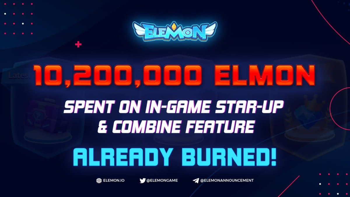 🔥 1 MILLION ELMON BURN - THE 10th TIME 🔥

💣 1,000,000 ELMON for the 10th time were officially spent on Combine feature &amp; Star Up by our passionate gamers &amp; then burned immediately 🔥🔥🔥🔥

👉 Transaction Hash: bscscan.com/tx/0xba75d9e23…

#Elemon #ELMON #TokenBurn #NFT #BNBChain
