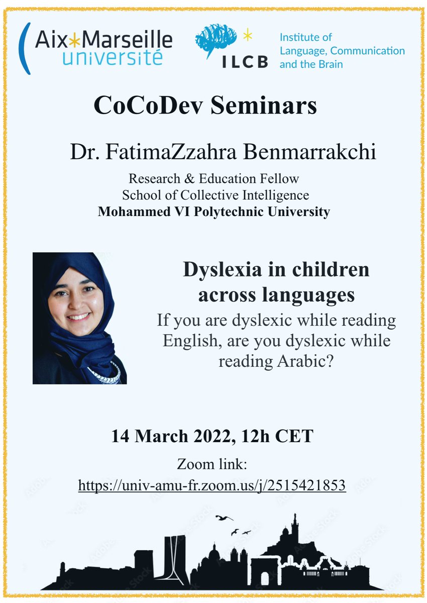 Adinseg's tweet photo. We are delighted to have FatimaZzahra Benmarrakchi from @TheSchoolofCI
speak to us in our CoCoDev seminars at 
@ILCB_france next week! 
Abstract of the talk and zoom link here:
https://t.co/M3a77jJPyc https://t.co/UPmGwwT3VZ