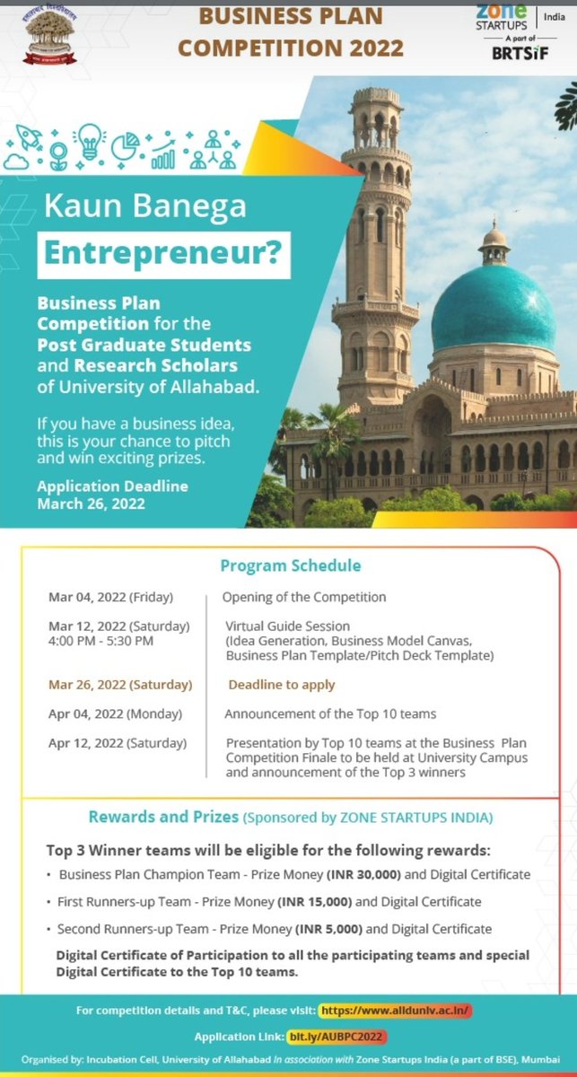 UoA_Official's tweet photo. Incubation Cell, @UoA_Official, in association with Zone Startups (a part of BSE), Mumbai, is organizing 
'BUSINESS PLAN COMPETITION' 
for the post graduate students and research scholars currently enrolled in the Univ of Alld.
There is no participation fee.
@ashishchauhan https://t.co/Qfqg4714Mz