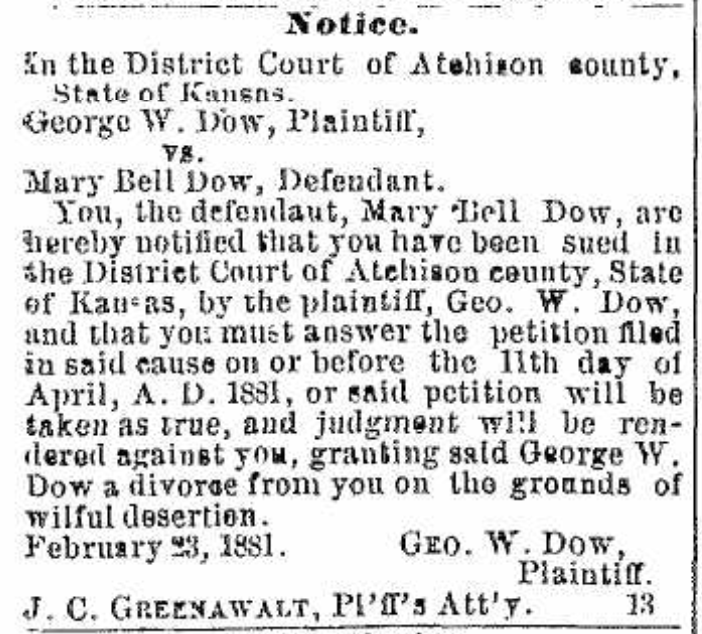 African American George W. Dow was a #Police officer in Atchison #Kansas in 1872 and divorced his 1st wife Mary Bell in 1881 for 'wilful desertion.'

#BlackHistory #Divorce #Genealogy #History #1872 #1881 #ReconstructionEra #FamilyHistory #BeyondKin