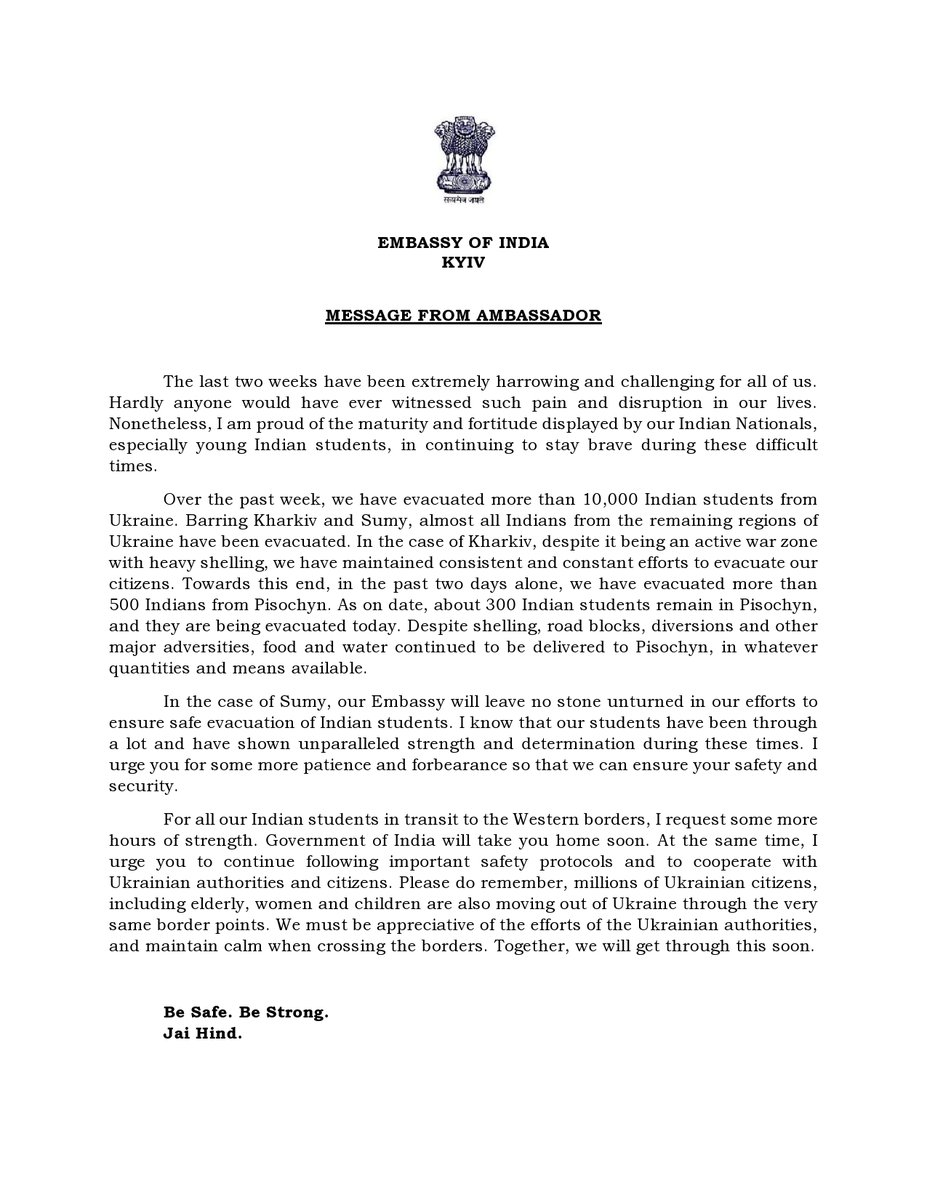 MESSAGE FROM AMBASSADOR OF INDIA TO INDIAN STUDENTS IN UKRAINE.

<a href="/MEAIndia/">Randhir Jaiswal</a> <a href="/PIB_India/">PIB India</a> <a href="/DDNewslive/">DD News</a> <a href="/DDNational/">Doordarshan National दूरदर्शन नेशनल</a> <a href="/IndianDiplomacy/">Indian Diplomacy</a> <a href="/IndiaInHungary/">India in Hungary</a> <a href="/IndiainPoland/">India in Poland</a> <a href="/eoiromania/">India in Romania</a>