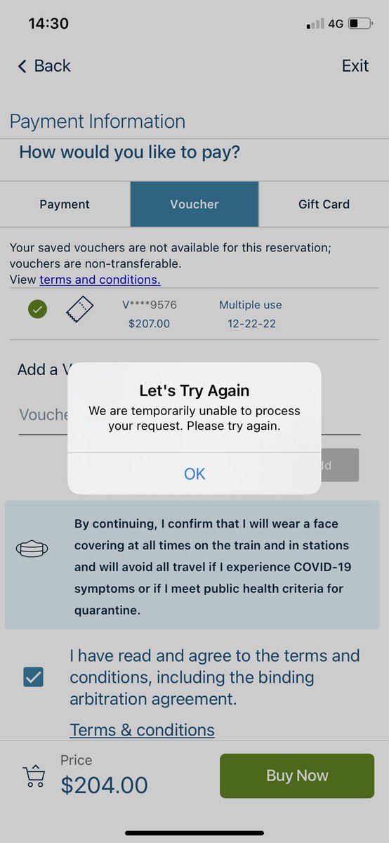 msverheij's tweet photo. @Amtrak how do I resolve this issue? Am trying to book tickets using a voucher code. Cannot use toll free nr as am currently in the Netherlands. Tried two browsers and the app. International traveler customer service phone number does not work. Thanks for your help! https://t.co/hwttf2gJK8