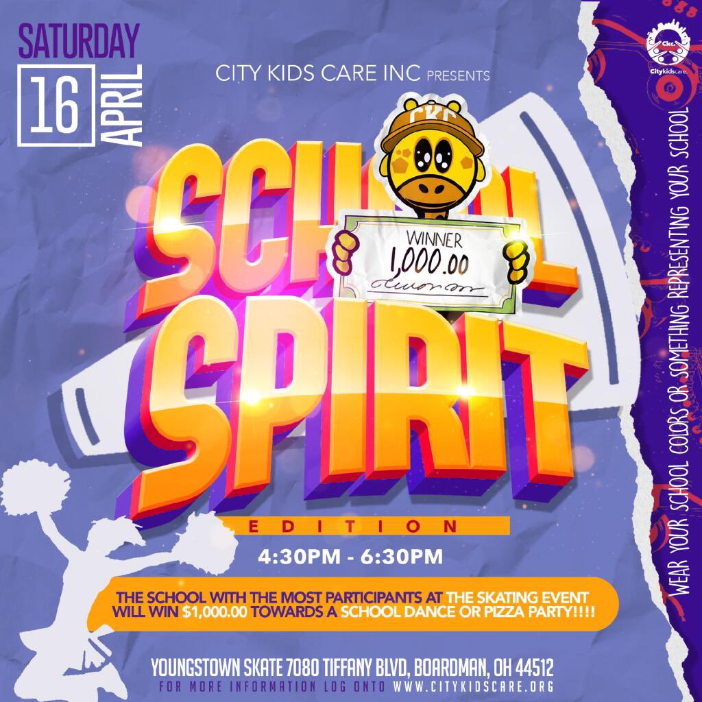 Saturday, April 16th at Youngstown Skate 4:30pm-6:30pm! Free drinks, Free admission and Free skating. Open to the public. Free raffles and giveaways. #SchoolPride #CityKidsCare