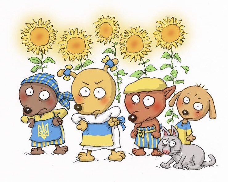 KatiTervo's tweet photo. Mauri Kunnaksen koiraväki ottaa kantaa Venäjän hyökkäyssotaan Ukrainaan. #WeStandWithUkraine #SlavaUkraini #maurikunnas https://t.co/xgDBxWjWYa